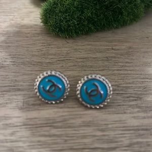 Chanel button earrings, teal/silver/gold